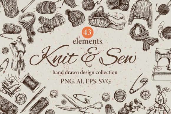 Download Knitting and Sewing Sketch Clipart Set - Sketch Collection