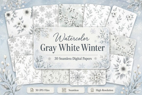 Download Watercolor Gray White Winter Patterns - Premium Bundle