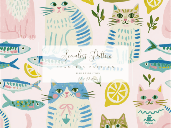 Download Cute Pastel Cat Seamless Pattern with Fish and Lemons - Pastel Collection
